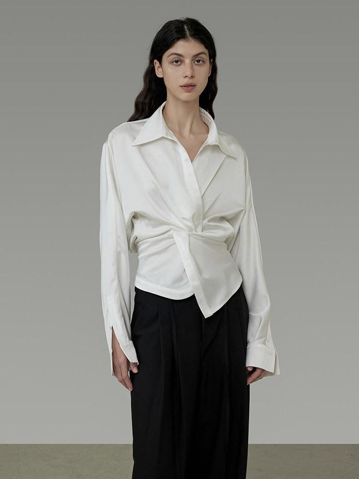 unspoken Shape Retaining Relaxed Slim V-neck Button Long Sleeve Women Polyester Blouses