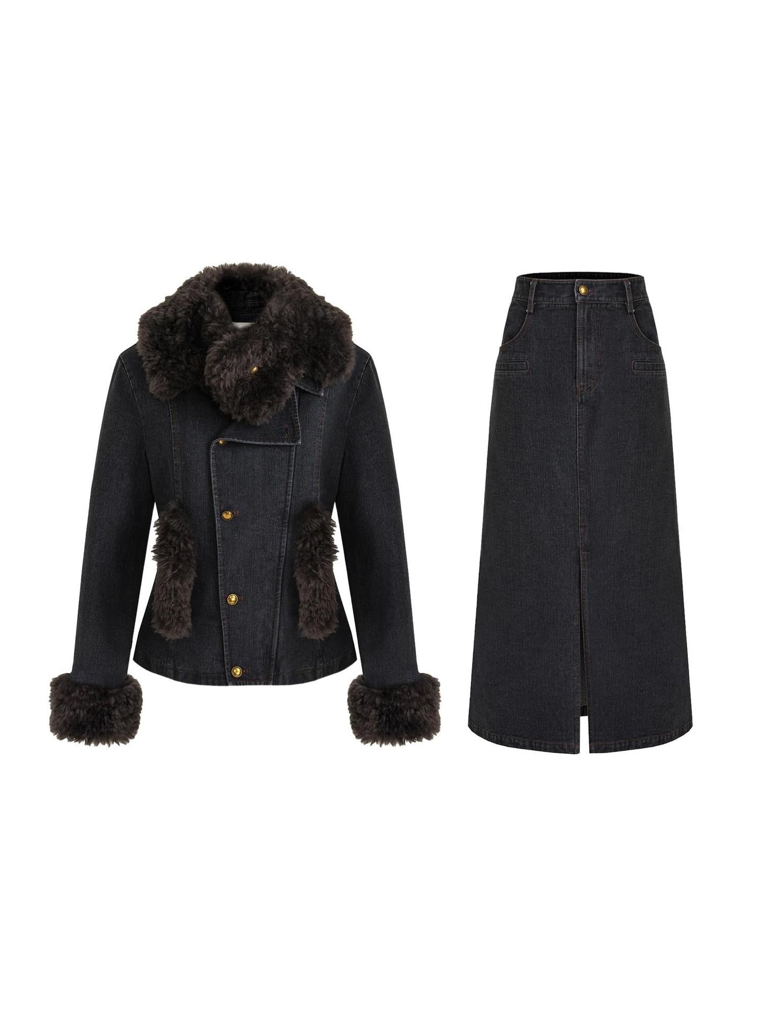 unspoken Warm Buttoned Panel Slim High Waist Long Sleeve Women Black Top & Skirt Sets