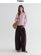 fano High Waist Cotton Warm Minimal Commuter Pocket Button Women Brown Wide Leg Pants