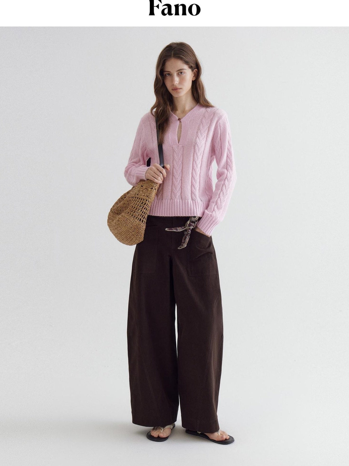 fano High Waist Cotton Warm Minimal Commuter Pocket Button Women Brown Wide Leg Pants
