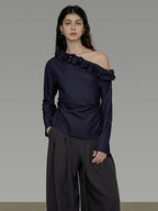 unspoken Warm Slanted Collar Loose Fit Long Sleeve Office Dark Blue Polyester Blouses