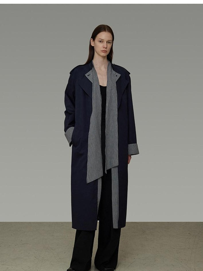 unspoken Minimal Navy Plaid Single Breasted Midlength Relaxed Women Trench Coats