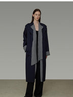 unspoken Minimal Navy Plaid Single Breasted Midlength Relaxed Women Trench Coats