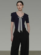 unspoken Soft Viscose Knit Slim Fit Colorblock Tie Women Office Short Sleeve T-Shirts
