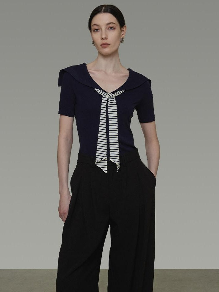 unspoken Soft Viscose Knit Slim Fit Colorblock Tie Women Office Short Sleeve T-Shirts
