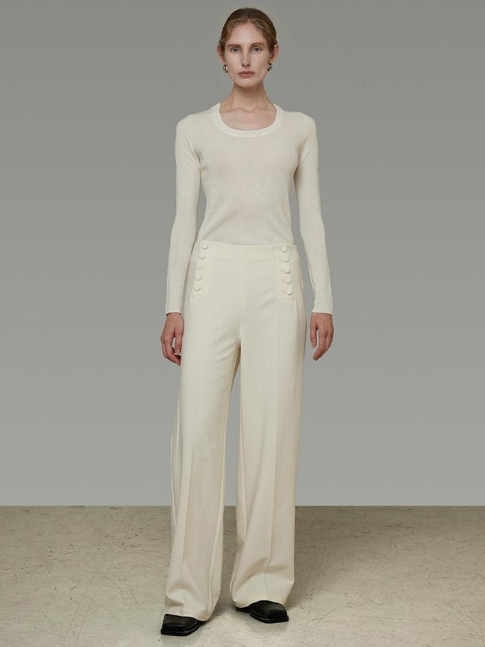 unspoken Breathable High Waist Button Detail Minimal Womens Office White Wide Leg Pants