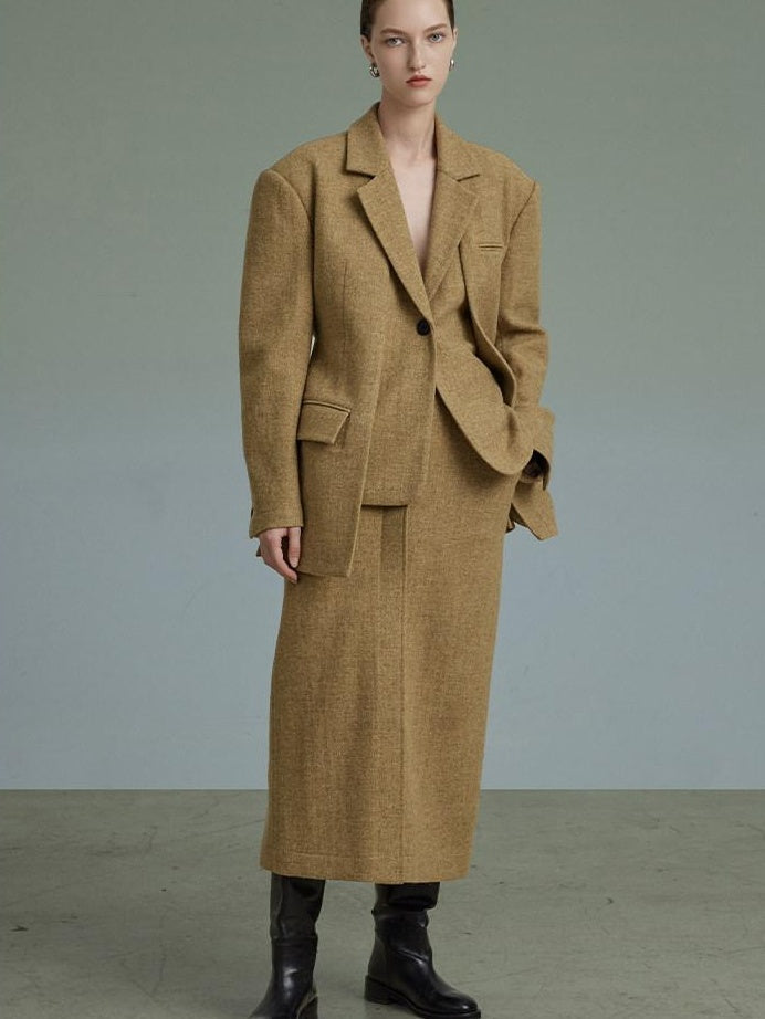 unspoken Wool Single Button Notched Lapel Loose Fit Rice Yellow Young Women Blazers
