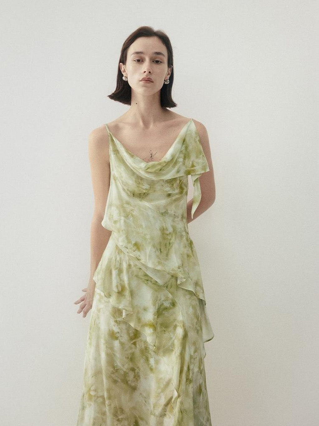 someone sometimes Viscose Asymmetric Ruffle Hem Cinched Waist Aline Lake Green Maxi Dresses