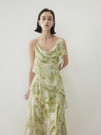someone sometimes Viscose Asymmetric Ruffle Hem Cinched Waist Aline Lake Green Maxi Dresses