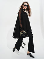 audreyyang Beaded Silk Elegant Loose Lantern Sleeve Tie Neck Black Midi Dresses
