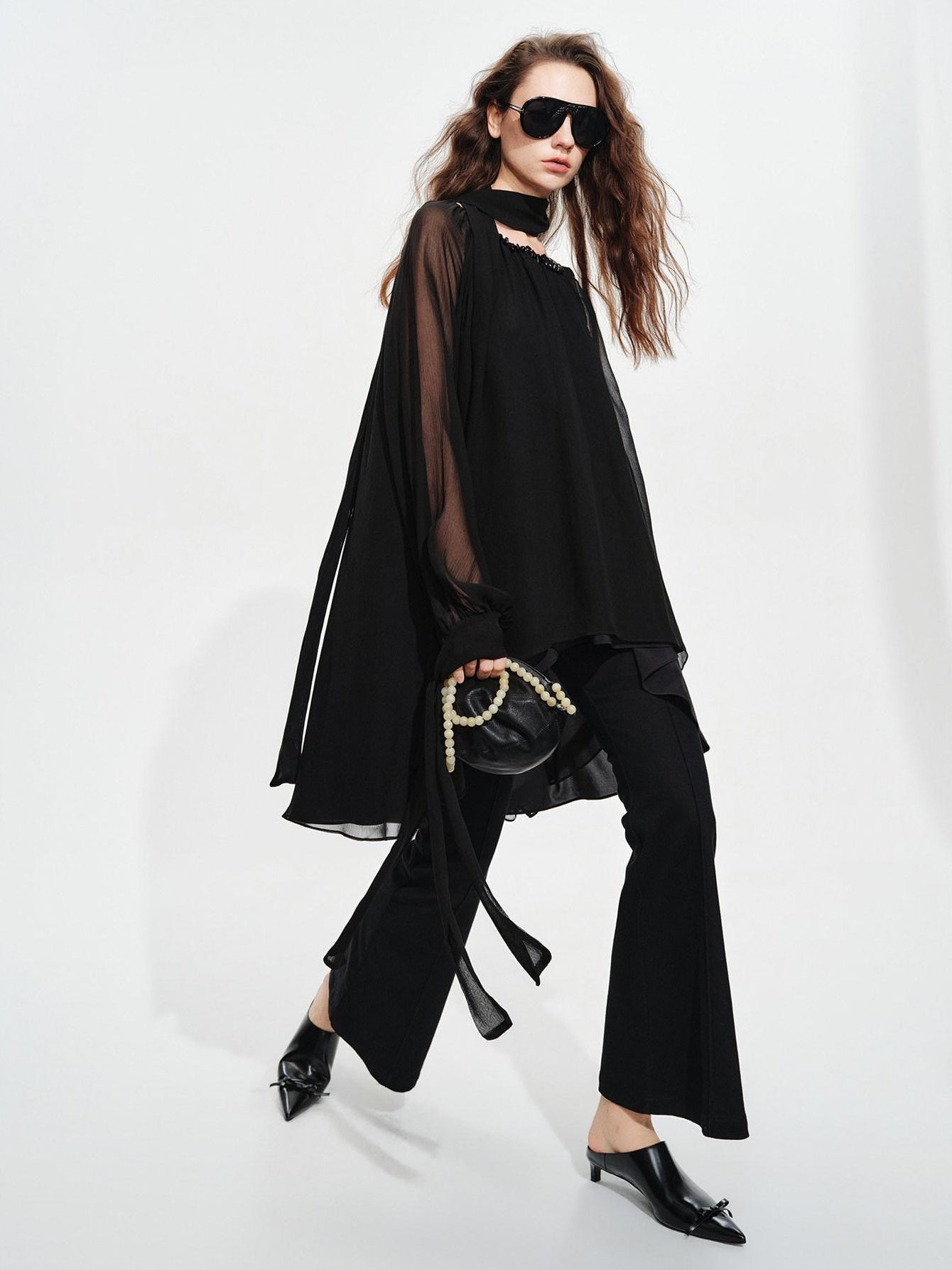 audreyyang Beaded Silk Elegant Loose Lantern Sleeve Tie Neck Black Midi Dresses