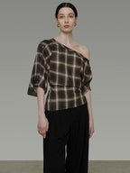 unspoken Breathable Viscose Slim Asymmetric Slant Neck Green Plaid Off Shoulder Crop Tops