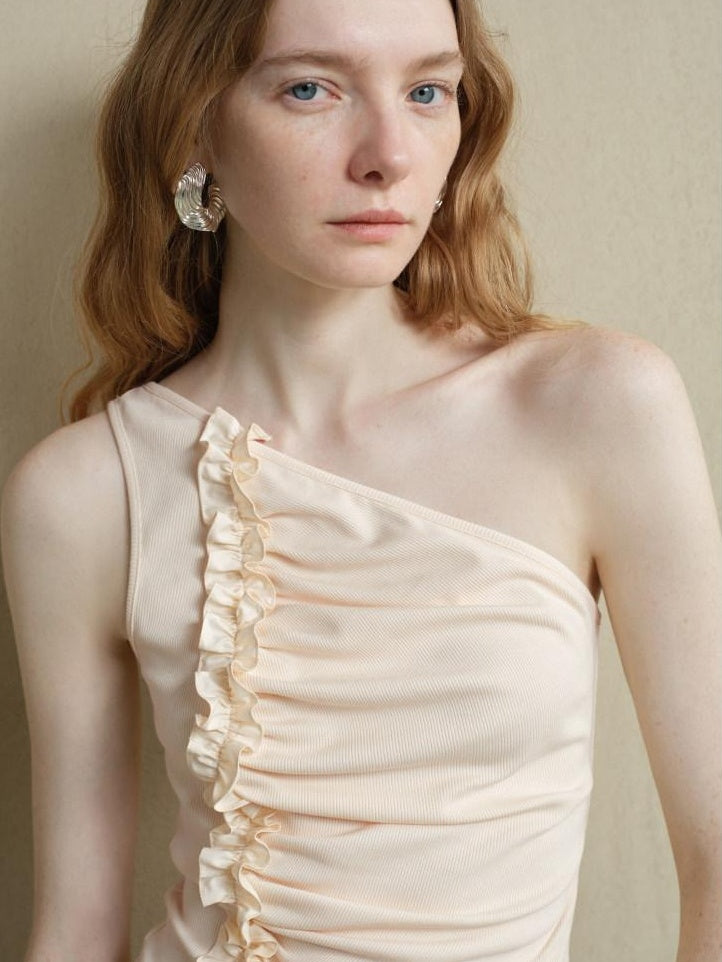 someone sometimes Soft Viscose Blend Slim Fit One Shoulder Beige Stretch Ruching Tank Tops