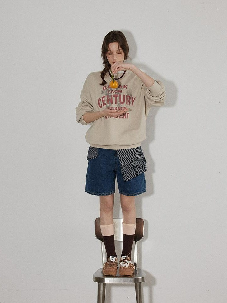 Lofi choose Oversized Letter Print Crewneck Pullover Commuter Style Women Oatmeal Sweatshirt