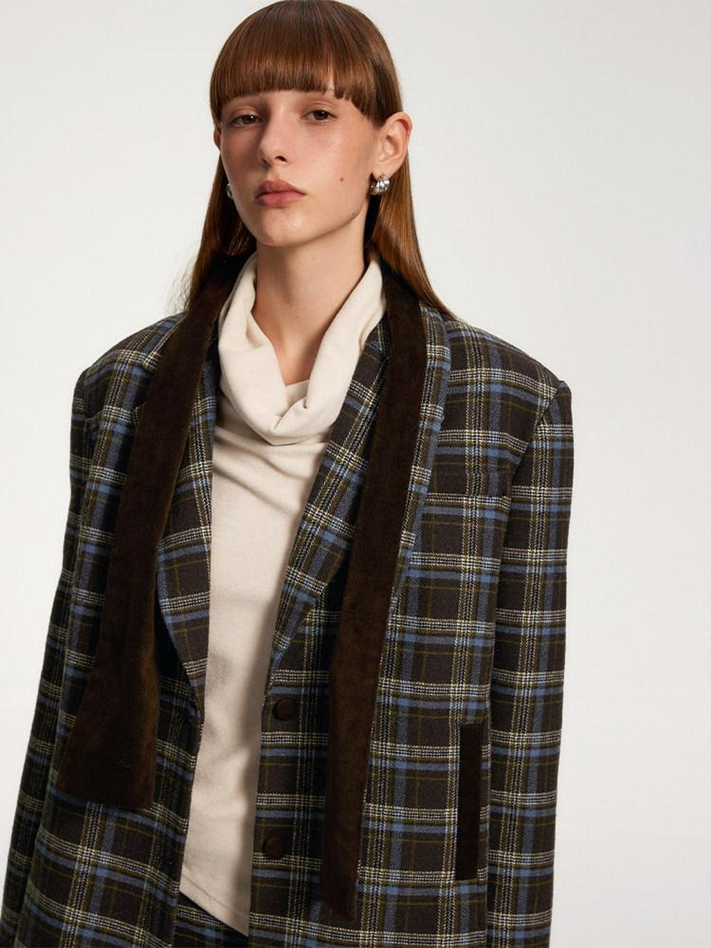 someone sometimes Original Design Plaid V-neck Long Sleeve Polyester Office Chic Top & Skirt Sets