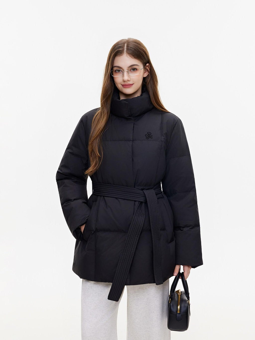 ikyou Insulated Embroidered Pocket Korean Loose Mid Length Stand Collar Puffer Jackets