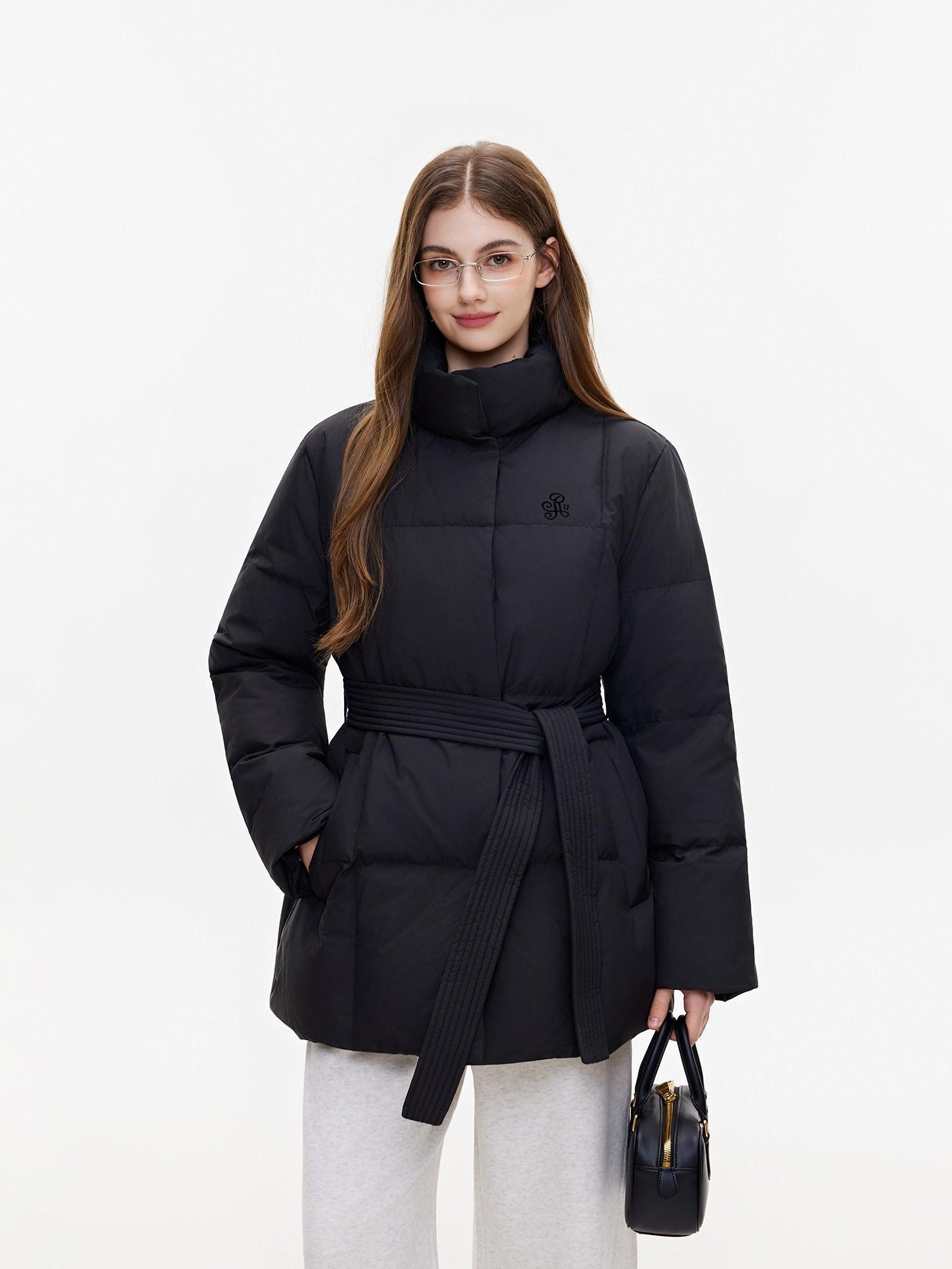 ikyou Insulated Embroidered Pocket Korean Loose Mid Length Stand Collar Puffer Jackets