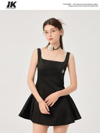 ikyou Waist Cinch Casual A Line Square Neck Sleeveless Black Midi Dresses