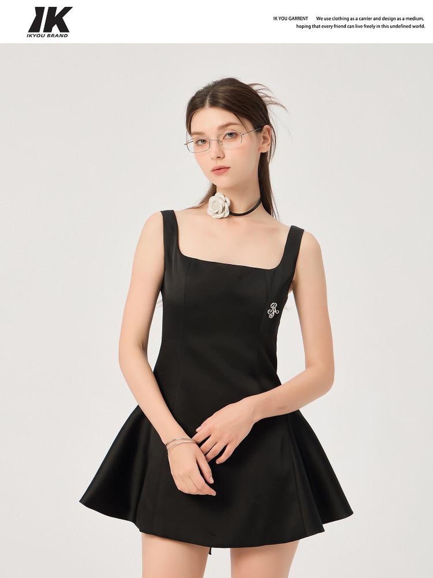 ikyou Waist Cinch Casual A Line Square Neck Sleeveless Black Midi Dresses