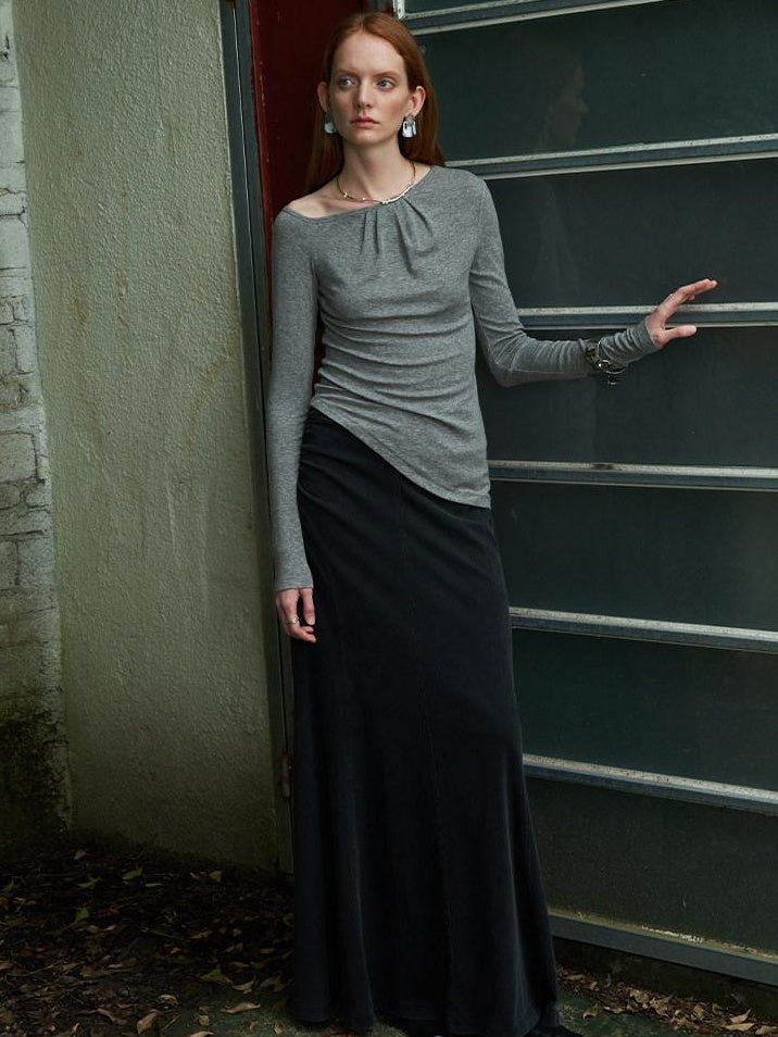 someone sometimes Lyocell Wool Blend Lightweight Asymmetric Neck Slim Casual Long Sleeve T-Shirts