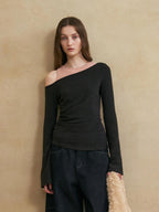 someonesometimes Colorblock Charcoal Pink Asymmetrical Knit Loose Viscose Off Shoulder Crop Tops