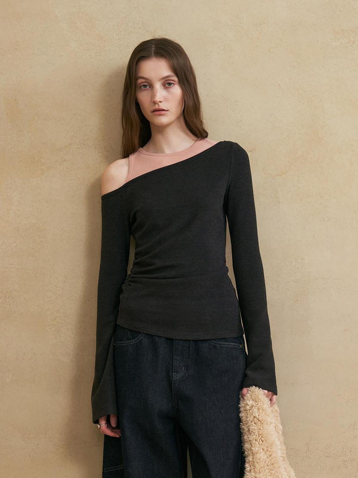 someonesometimes Colorblock Charcoal Pink Asymmetrical Knit Loose Viscose Off Shoulder Crop Tops