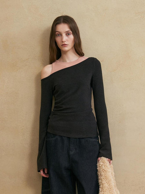 someonesometimes Colorblock Charcoal Pink Asymmetrical Knit Loose Viscose Off Shoulder Crop Tops