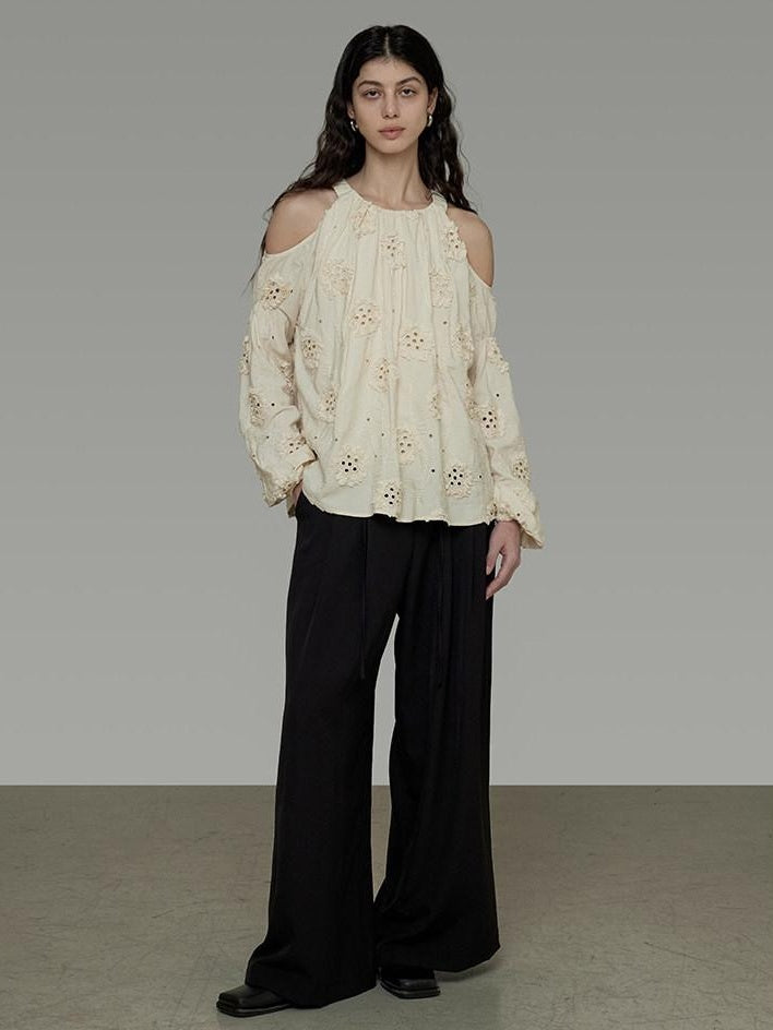 unspoken Breathable Skin Friendly Embroidered Loose Round Neck Long Sleeve Office Blouses