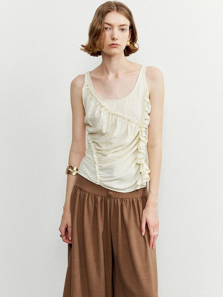 someone sometimes Ruffled Lettuce Edge Slim Fit Original Design Viscose Blend Cream Tank Tops