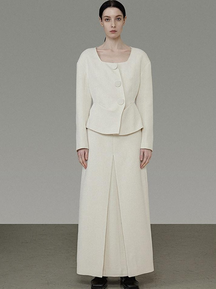 unspoken Slim Office Button Front Long Sleeve Cream Polyester Women Top & Skirt Sets