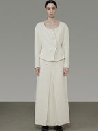 unspoken Slim Office Button Front Long Sleeve Cream Polyester Women Top & Skirt Sets