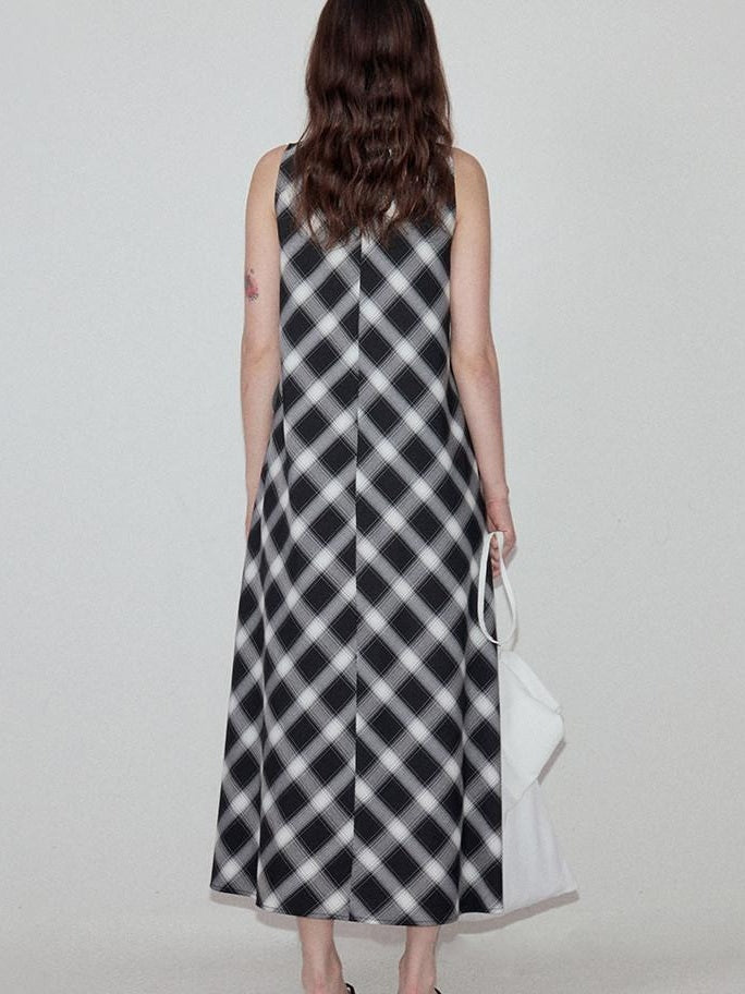 fano Plaid Sleeveless A Line Natural Waist Korean Office Casual Maxi Dresses