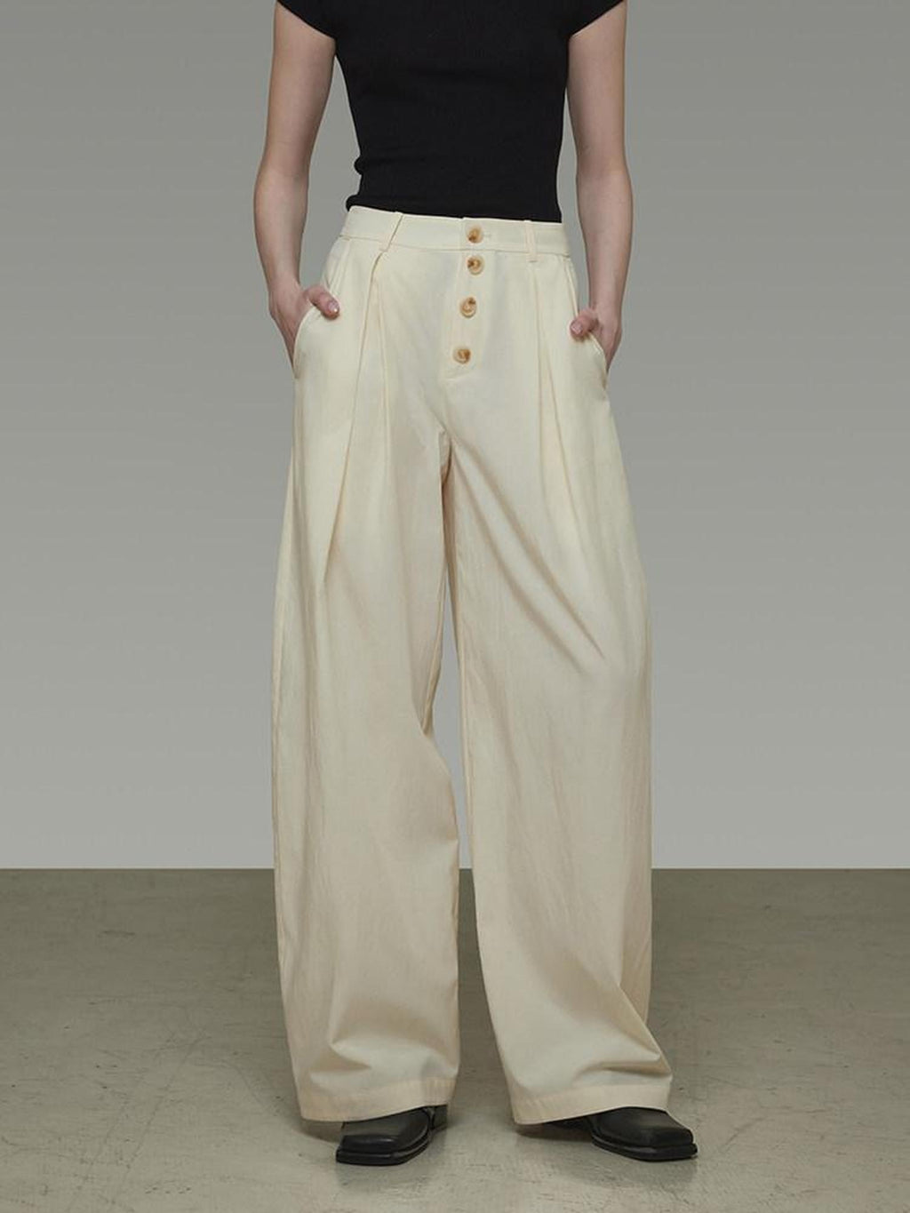 unspoken High Waist Lyocell Blend Pleated Button Minimal Workwear Wide Leg Pants