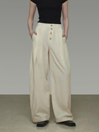 unspoken High Waist Lyocell Blend Pleated Button Minimal Workwear Wide Leg Pants