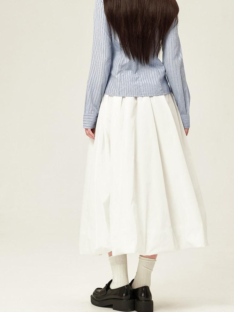 ikyou High Waist Gathered A Line Bubble Hem Office Solid White Midi Skirts