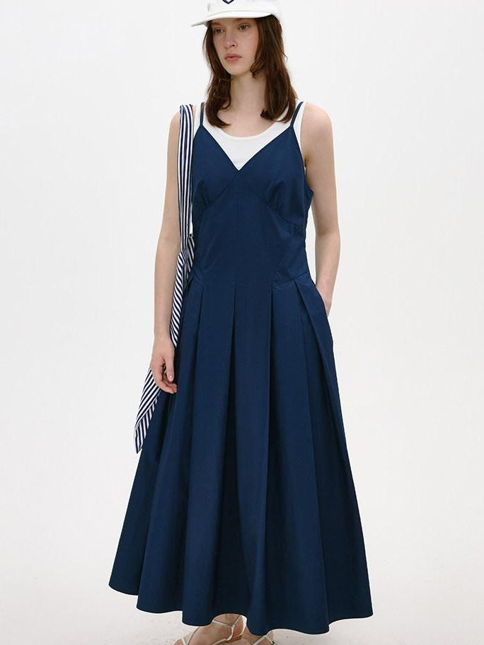 fano Cotton Spaghetti Strap A Line V-neck Office Antique Blue Maxi Dresses
