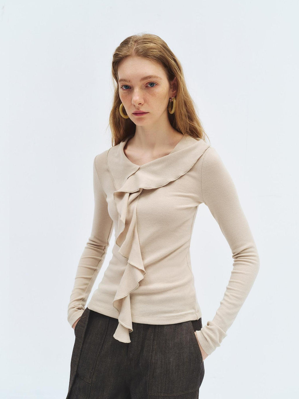 someonesometimes Soft Stretch Knit Slim Fit Casual V-neck Women Sand Long Sleeve T-Shirts