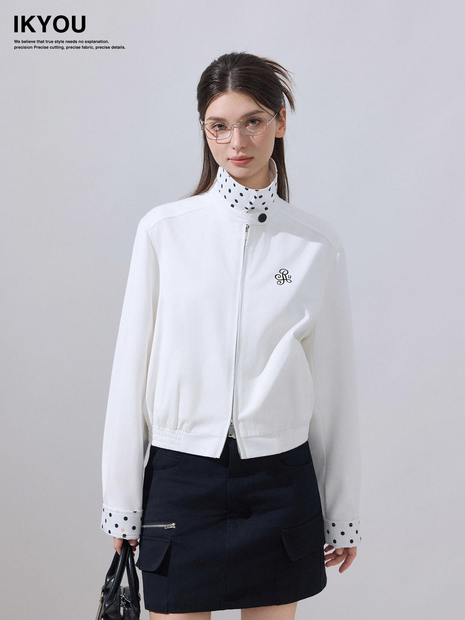 ikyou Ultra Light Lyocell Cotton Casual Stand Collar Short Zip White Cropped Jackets
