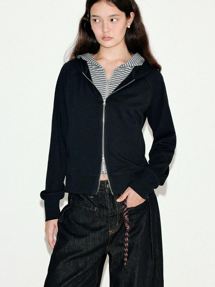 fano Striped Faux Two Piece Loose Fit Commuter Women Black Cotton Blend Hoodie