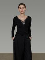unspoken Viscose Knit Casual Slim Lace Trim Women V-neck Long Sleeve Black Blouses