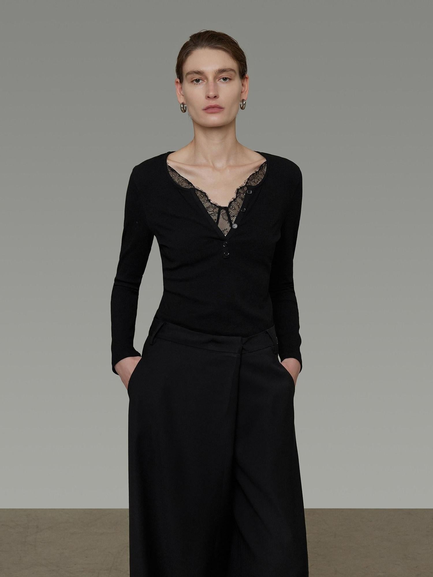 unspoken Viscose Knit Casual Slim Lace Trim Women V-neck Long Sleeve Black Blouses