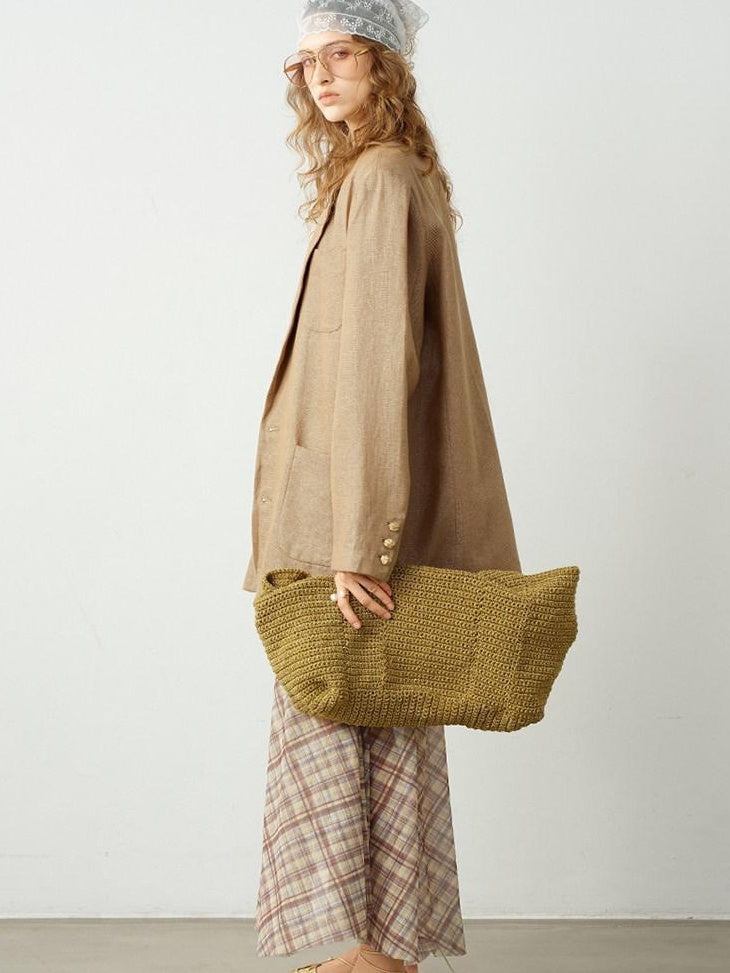 audreyyang Breathable Pure Linen Dot Loose Fit Notched Lapel Women Workwear Gold Blazers