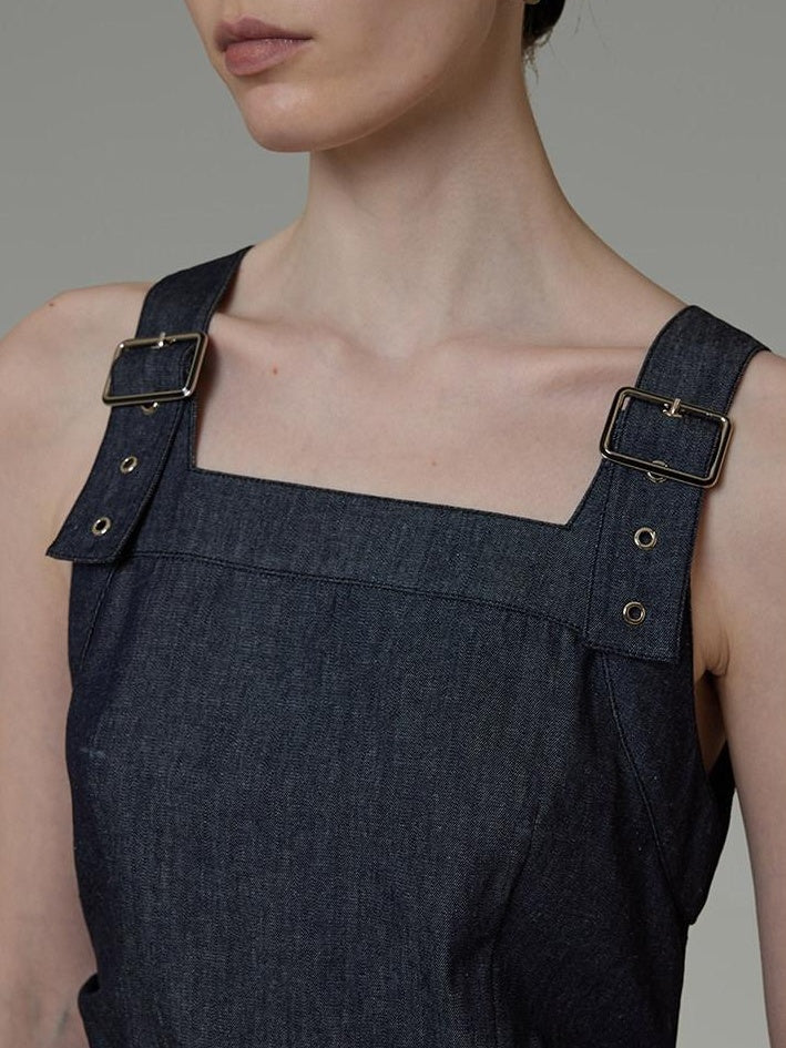 unspoken Minimalist Pleated Cinched Waist Cotton A Line Strap Dress Women Maxi Dresses