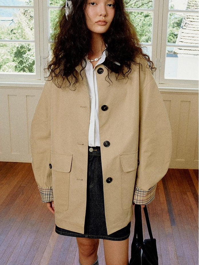 fano Patchwork Plaid Oversized Street Mid Length Cotton Blend Women Trench Coats