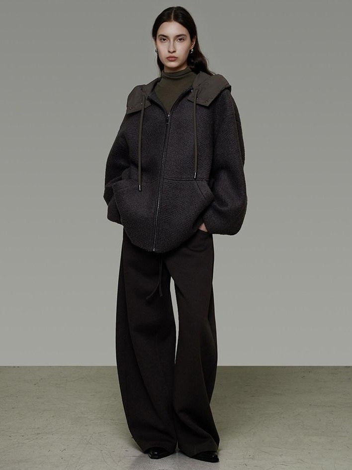 unspoken Premium Lambswool Hooded Relaxed Fit Minimal Commuter Zipper Gray Wool Coats