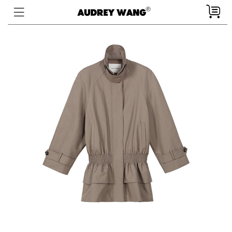 audreyyang Ruched Cotton Mid Length Zip Elastic Hem Long Sleeve Women Gray Cropped Jackets
