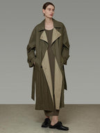 unspoken Minimal Commuter Long Double Breasted Loose Fit Women Black Olive Trench Coats