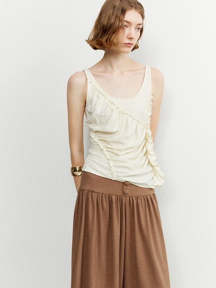 someone sometimes Ruffled Lettuce Edge Slim Fit Original Design Viscose Blend Cream Tank Tops