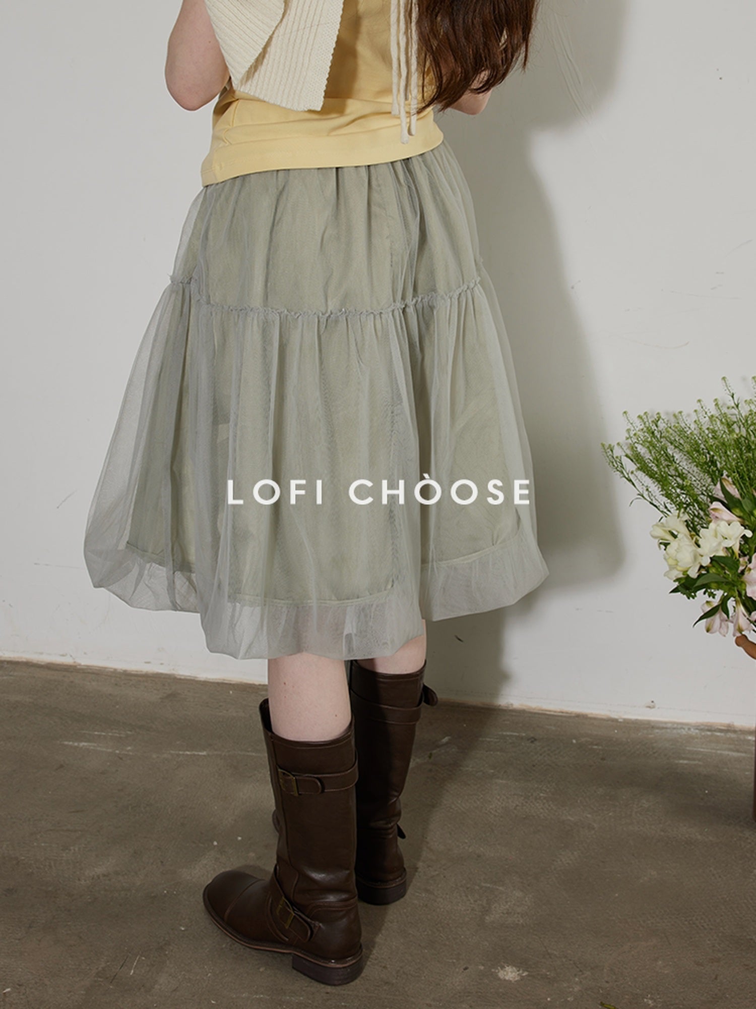 Lofi choose High Waist Bubble Skirt Relaxed Fit Office Custom Dyed Almond Gray Midi Skirts