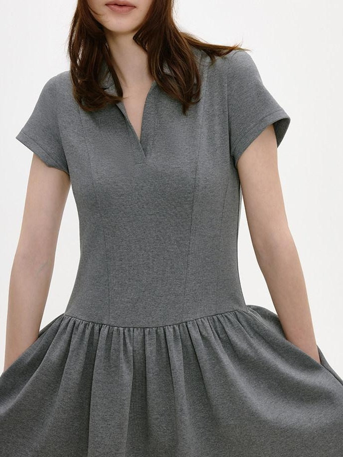 fano Soft Cotton Vintage Polo Collar A Line Natural Waist Girl Deep Gray Midi Dresses